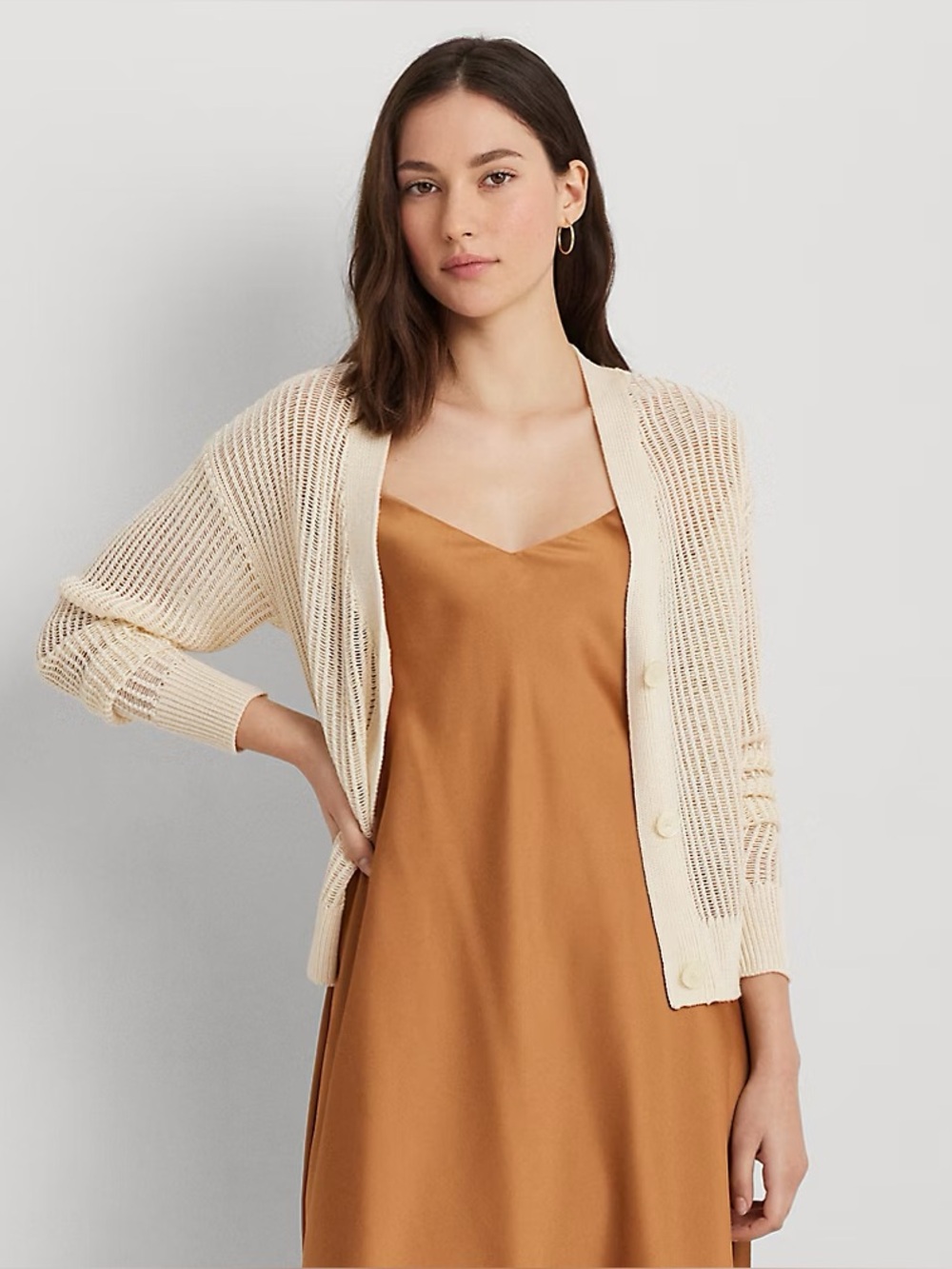Lauren Ralph Lauren Cream Linen Open-Knit V-Neck Cardigan SP Luxury Preppy Chic